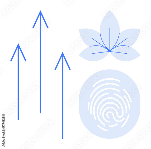 Digital growth, identity verification, nature, mindfulness, security, innovation. Arrows pointing upwards, fingerprint icon abstract leaf graphic. Digital growth and identity verification ion