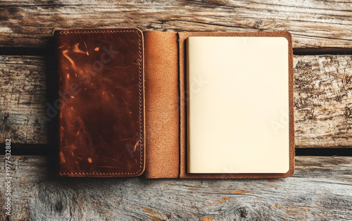 Open leather-bound notebook with blank pages on rustic wooden background, conveying a sense of storytelling and adventure