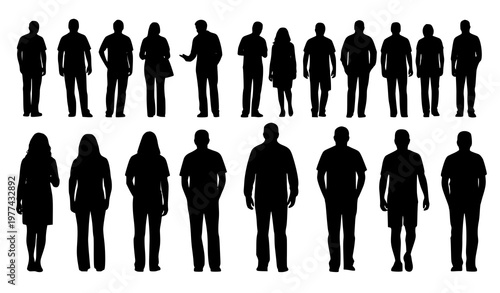 People silhouettes rear view set men women and couples standing walking vector illustration