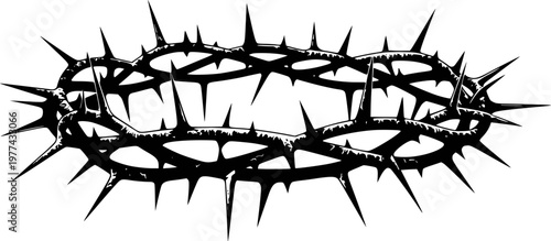 Black crown of thorns with sharp spikes white background, symbol of sacrifice