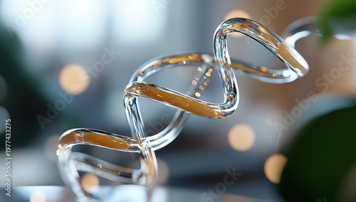 A glass sculpture in the shape of a DNA double helix, artfully illuminated, rests on a surface