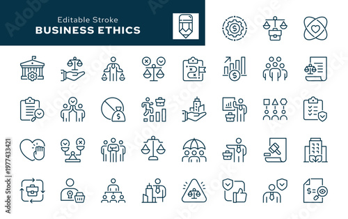 Business ethics. Set of outline icons. Moral standards, values ​​and principles, honesty, fairness, trust, equality, compliance, anti-corruption, responsibility. Line icon in linear style. Vector coll
