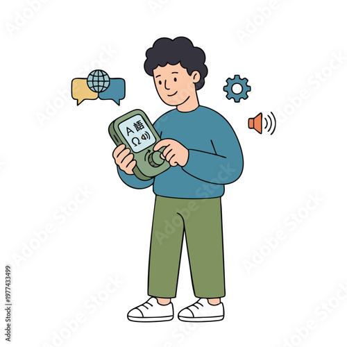 Young man using a portable translator device for communication.