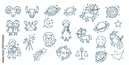 Zodiac Astrology Doodle Collection. Cute Outline Aries, Taurus, Gemini, Libra Scales, Crystal Ball, Telescope & Constellation Elements for Horoscope, Coloring Pages & Celestial Design