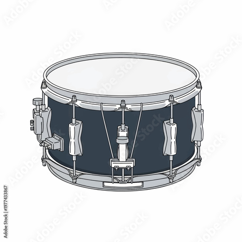 Illustration of a classic snare drum with metal hardware and tensioned drumhead.