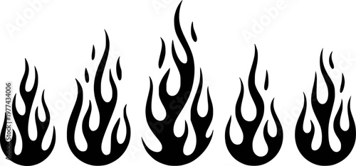 Black tribal flame set of stylized fire white background