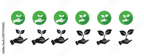 Hand Holding Plant Icon Set – Growth, Care & Nature Protection in Outline, Solid and Color Styles
