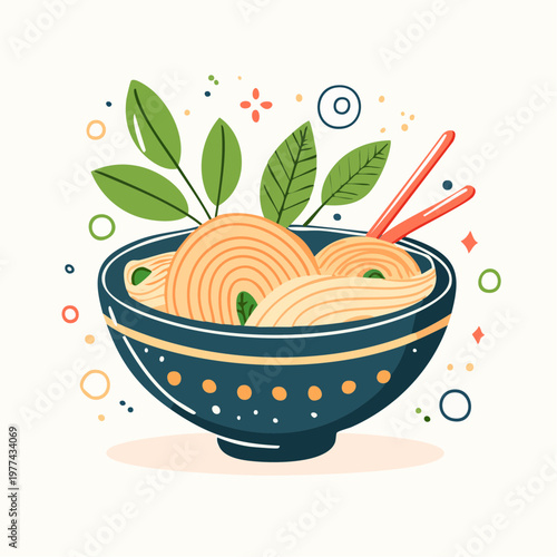 Japanese Ramen Bowl Illustration with Chopsticks and Toppings in Simple Flat Doodle Style