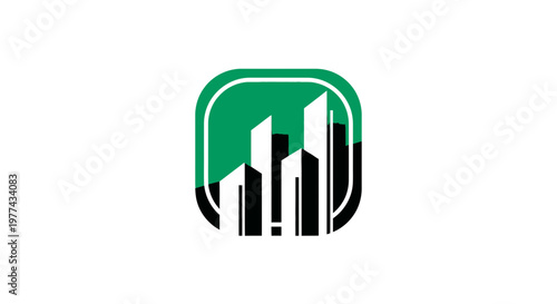 Modern Cityscape Logo Depicting Architectural Structures With Green And White Tones