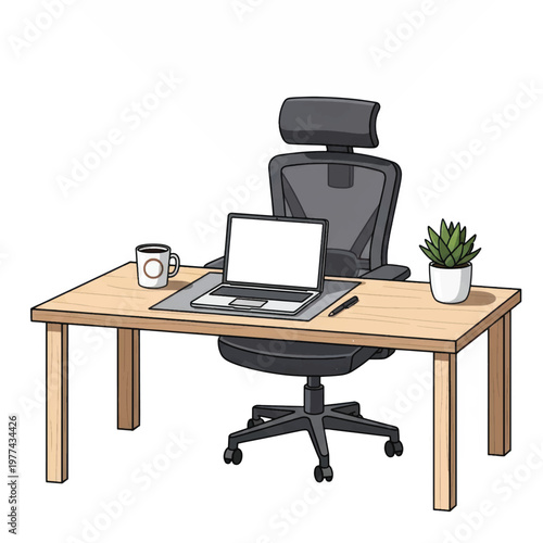 Modern minimalist workspace with ergonomic chair and laptop on wooden desk.