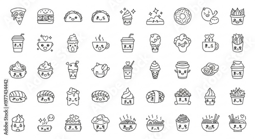 A collection of cute food icons featuring various desserts and faces