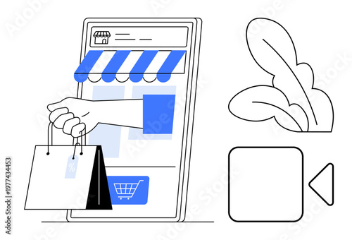 E-commerce, digital shopping, online transactions, delivery services, mobile retail, consumer behavior. Digital storefront on a mobile device with a hand holding shopping bags. E-commerce and digital