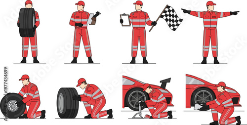 Pit Stop Crew Illustration Set with Racing Mechanics Changing Tires and Holding Flags for Motorsport Service Formula Race and Automotive Design