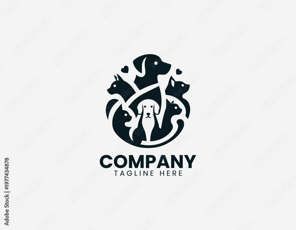 Fototapeta premium Black silhouette dog and cats standing together forming friendly animal family logo minimalist style