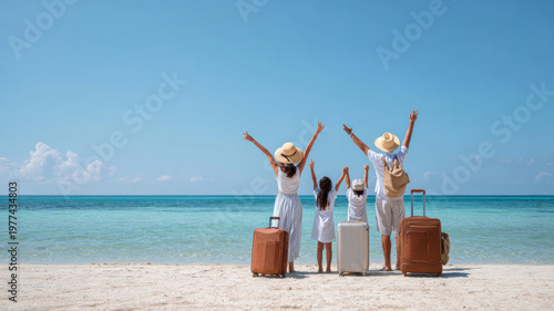 Vacation travel trip journey in holiday season. A family of four standing on a beach, each with a suitcase, ready to embark on a vacation. The sun is shining brightly.