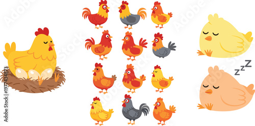 Cute chicken and rooster cartoon collection vector illustration with hens, chicks and farm birds, adorable poultry set for kids design and agriculture themes
