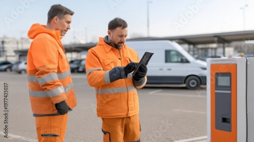 Two Technicians in Orange Safety Gear Checking a Device in an Outdoor Parking Area