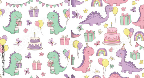 Cute dinosaur birthday seamless pattern vector illustration with cakes, balloons and gifts, pastel dino characters repeat design for kids party and nursery decor