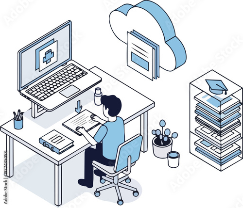Isometric Illustration of Student E-Learning with Cloud Data, Online Library, and Laptop Workspace