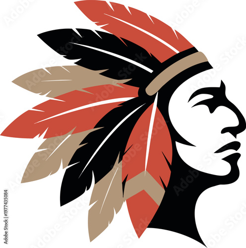 Traditional Native American Male Character Head Vector with Feather Headdress