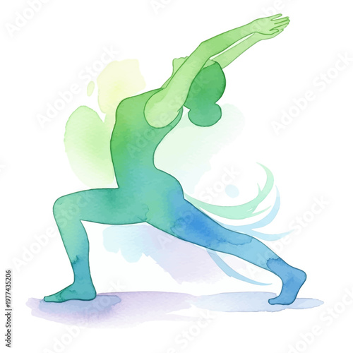 Woman in Warrior Yoga Pose Stretching.