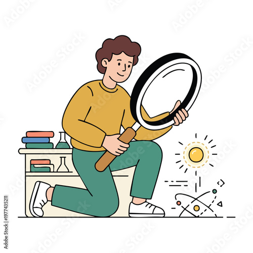 Young person examining with a magnifying glass.
