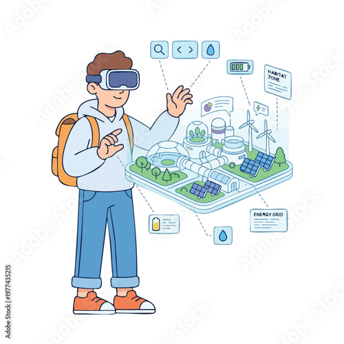 Young person exploring virtual reality smart city model.