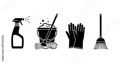 Collection of cleaning supplies, including a spray bottle, bucket with mop, gloves, and broom, all depicted as black icons on a white background, representing household chores and sanitation