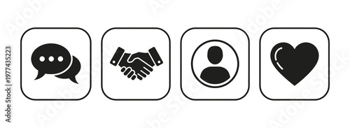 Set of four icons representing communication, agreement, profile, and love for digital and print media