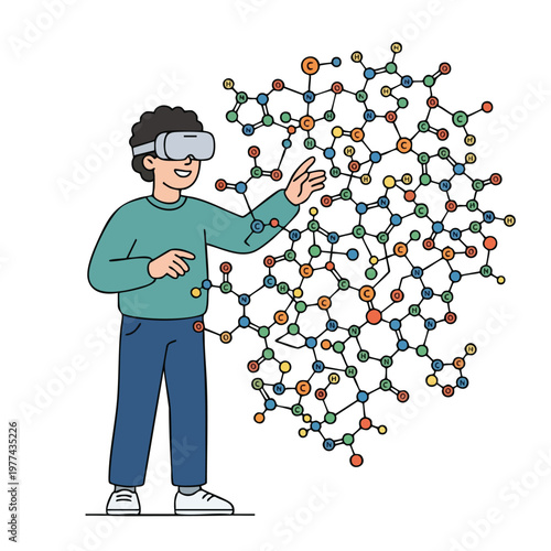 Young person exploring molecular structure with virtual reality headset.