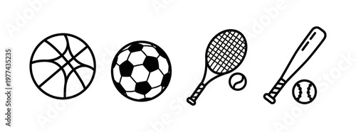 Minimalist line art icons of diverse sports equipment basketball, soccer, tennis, and baseball gear. Ideal for athletic graphic designs, web interfaces, and digital projects