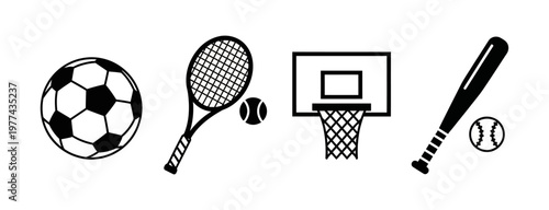 Collection of sport icons including soccer ball, tennis racket, basketball hoop, and baseball bat with balls