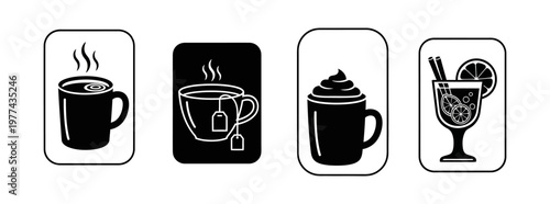 Set of four simple black and white icons depicting hot beverages in mugs and a glass of drink