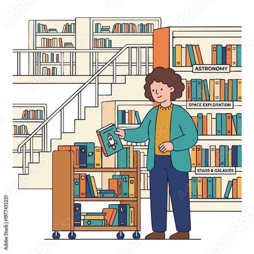 Young person holding a book in a library setting.