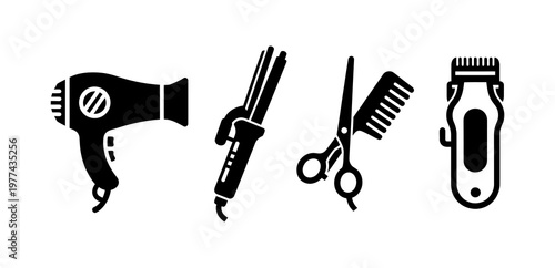 A collection of essential hair styling tools including a hairdryer, curling iron, scissors, comb, and clipper, perfect for salon or home use