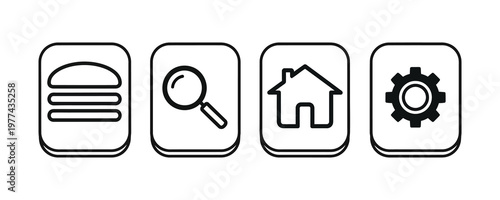 A set of four simple black and white outline icons representing a hamburger, a magnifying glass, a house, and a gear, suitable for user interface design
