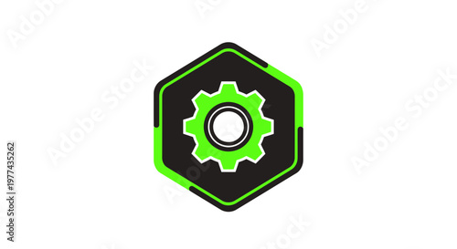 Modern Gear Icon In A Hexagonal Frame With Neon Green Accents