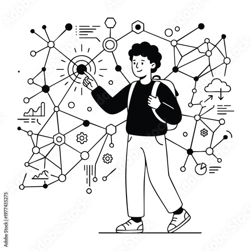 Young person interacting with complex digital network visualization.