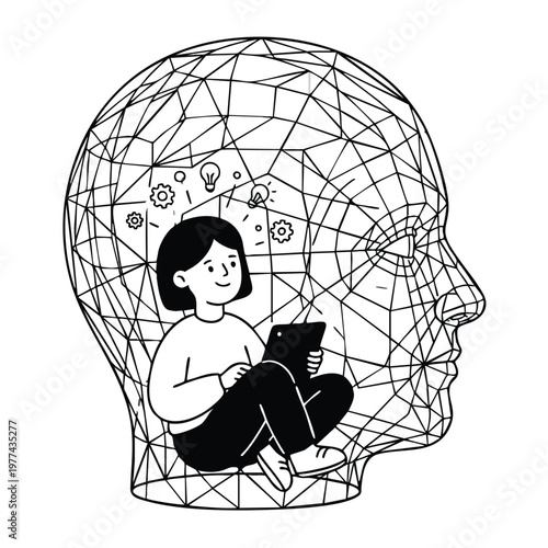Young person inside a wireframe head with ideas.