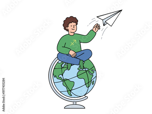 Young person launching paper airplane from globe symbolizing travel.