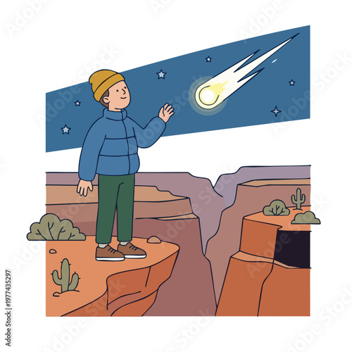 Young person observing a shooting star in the night sky.