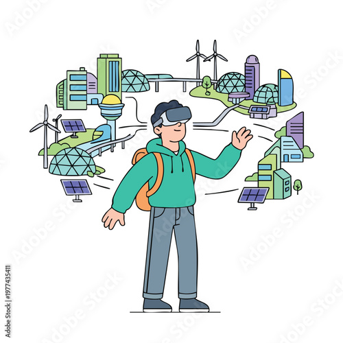 Young person wearing VR headset exploring futuristic city.