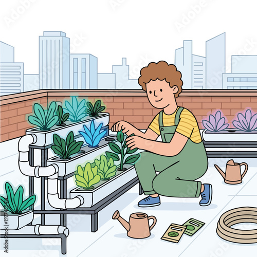 Young person tending to plants in urban rooftop garden.