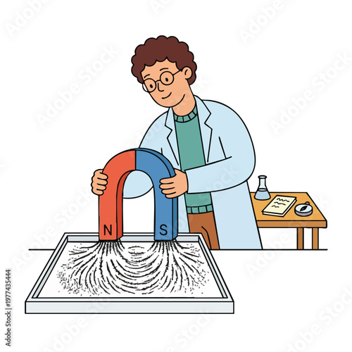 Young scientist demonstrating magnetic field with horseshoe magnet.