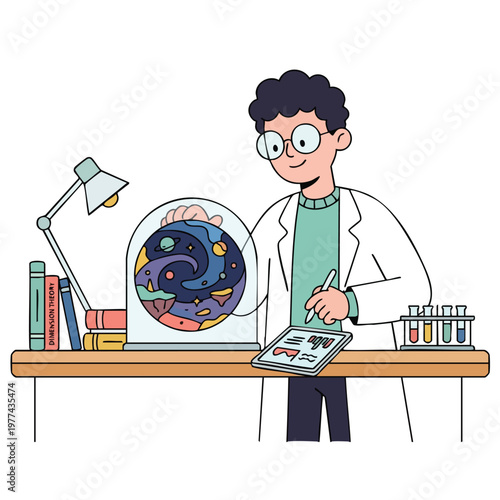Young scientist examining a miniature galaxy in a glass dome.