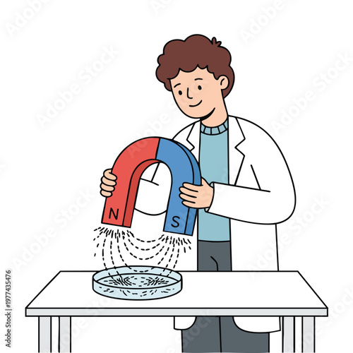 Young scientist experimenting with a large horseshoe magnet.