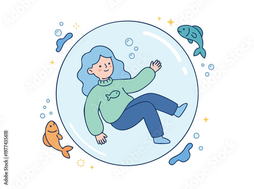 Young Woman Floating Inside a Bubble with Fish.