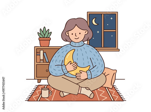 Young woman holding crescent moon illustration.