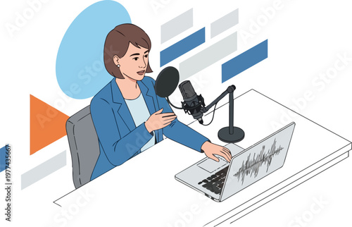 Professional Woman Podcaster Recording Audio in Modern Studio Vector Illustration