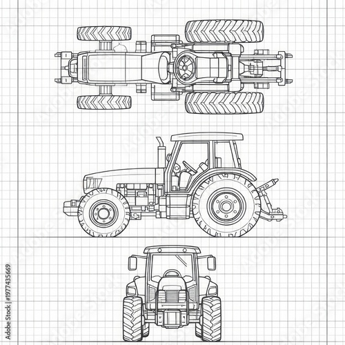 Technical blueprint of an agricultural tractor showing top, side, and front views on grid paper, precise line art schematic illustrating wheels, chassis, cab, and rear implement.